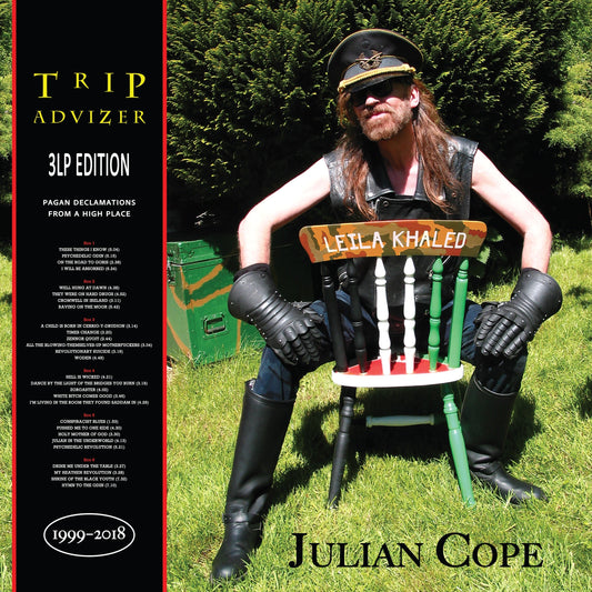 Julian Cope album cover: man in leather and cap seated on a chair.