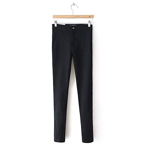 Dark wash skinny jeans hanging on a wooden hanger against white.