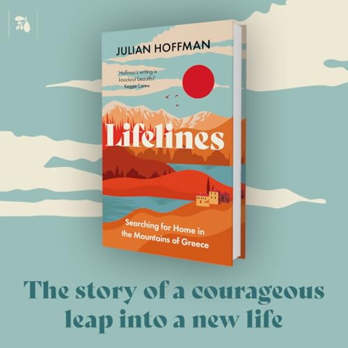 Book cover illustration featuring mountains, a lake, and a small village under a sun.