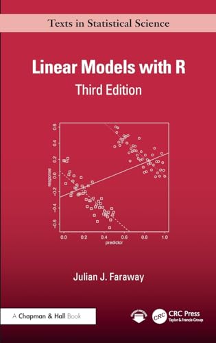 Red textbook cover with title "Linear Models with R" and a scatterplot.