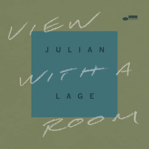 Album cover with olive background, central teal square, and handwritten text View With A Room.