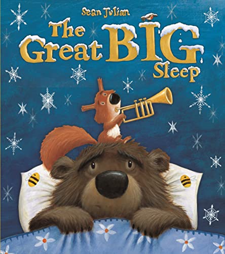 Bear and squirrel with a trumpet on a blue, snowy background.