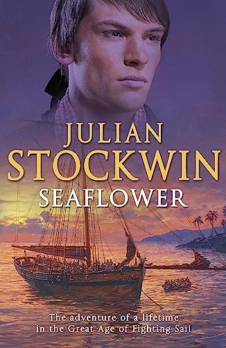 Book cover featuring a man's face above a sailing ship at sunset.