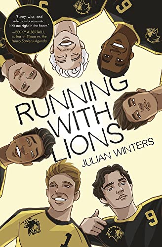 Book cover featuring diverse young men in athletic wear, titled “Running with Lions.”