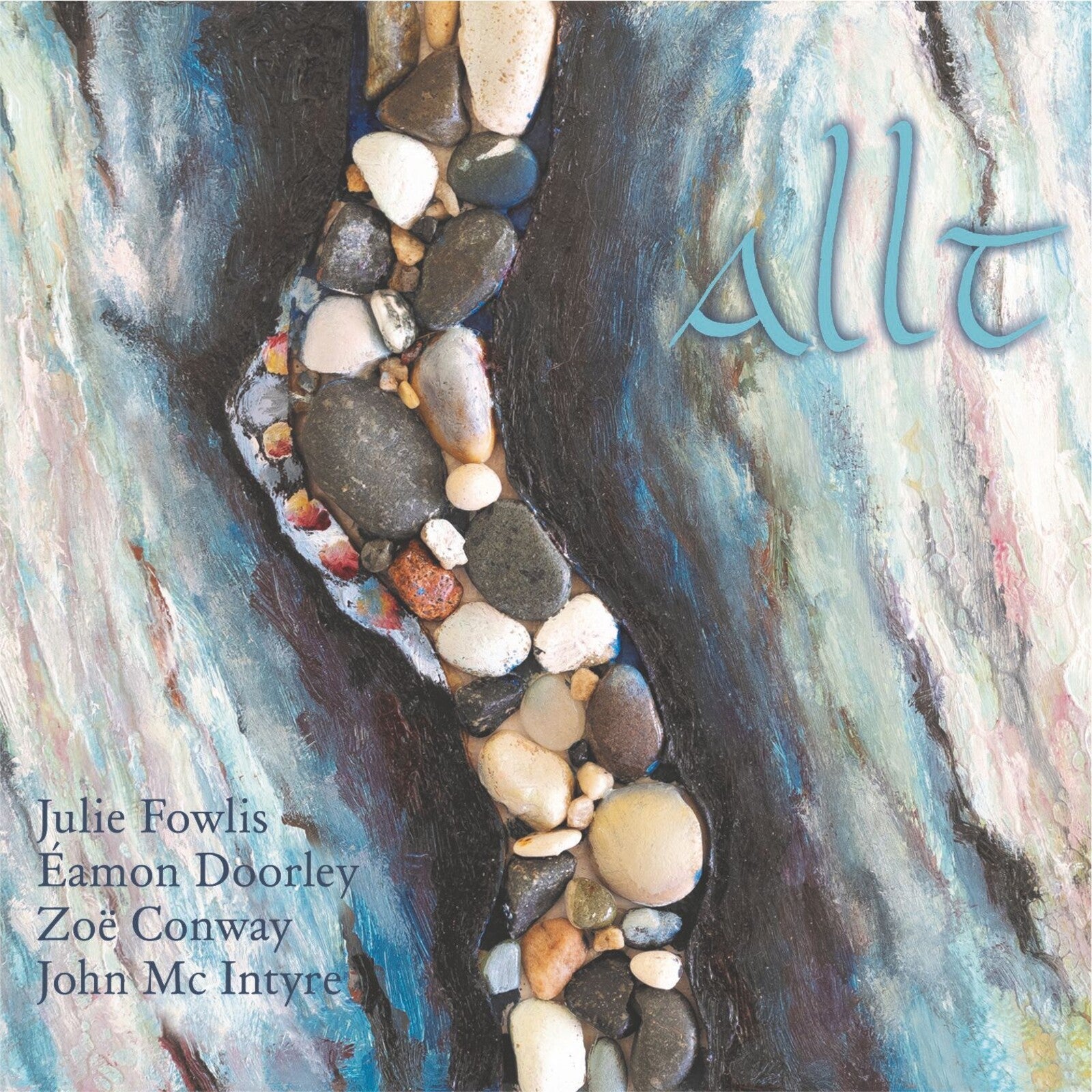 CD cover with a painted stream of stones and the title "Allt".