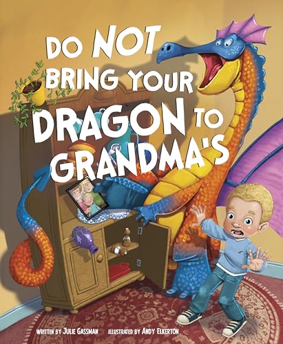 Boy and a large blue dragon causing chaos in a living room.