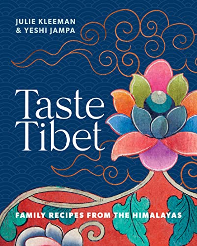 Cookbook cover: “Taste Tibet” with floral design on a blue background.