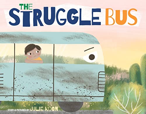 Illustration of a light blue school bus with a frowning child inside.