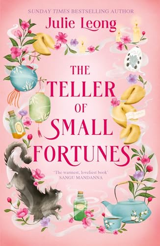 Book cover with floral arrangements, a black cat, and fortune cookies.