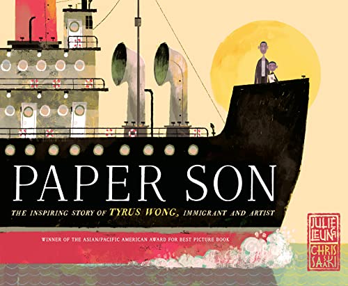 Illustration of a ship with figures, book title "Paper Son" overlaid.