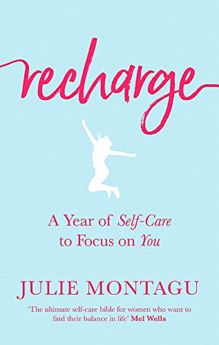 Book cover with pink cursive title "Recharge" and silhouette of a jumping woman.