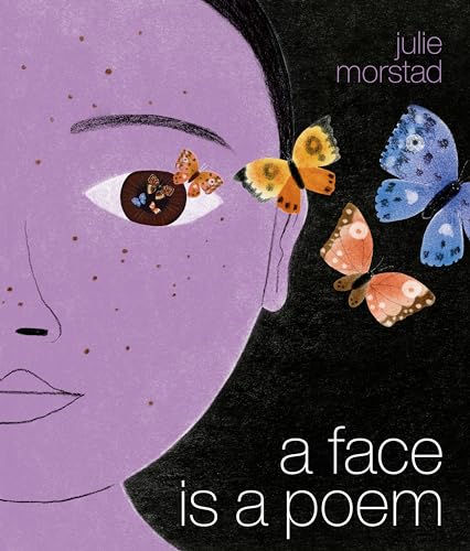 Purple face illustration with butterflies around an eye, book cover.