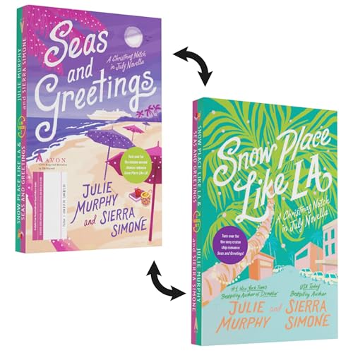Two book covers with beach and winter scenes, titled “Snow Place Like LA” and “Seas and Greetings”.