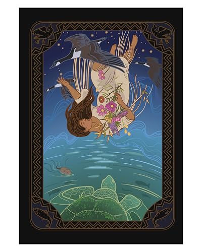 Illustration of a woman with flowers, lying in water with birds.