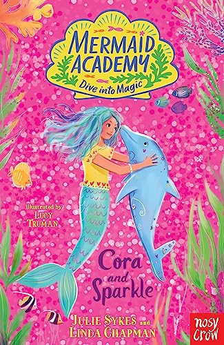 Mermaid Cora embraces a blue dolphin amidst coral and seaweed.