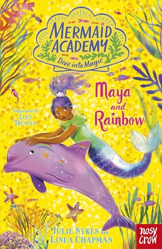 Book cover: mermaid Maya with a purple dolphin in a yellow sea.