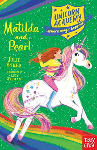 Girl riding a white unicorn with a rainbow mane and tail.