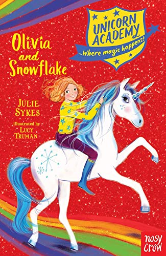 A girl with red hair rides a white unicorn against a red starry background.