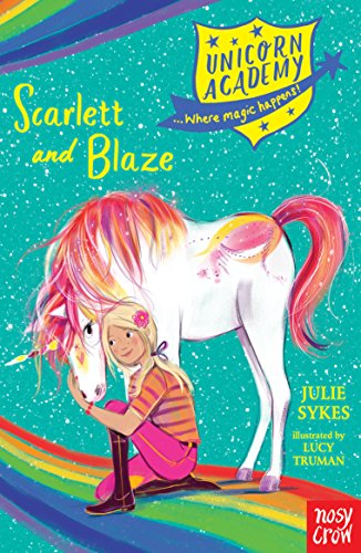 A girl with blonde hair hugs a white unicorn with a bright pink mane.