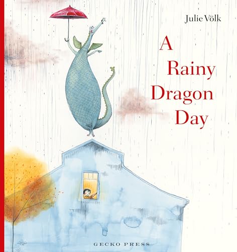 A blue dragon holding a red umbrella floats above a house in the rain.