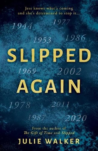 Book cover for “Slipped Again” with gold text and dates on a dark blue background.