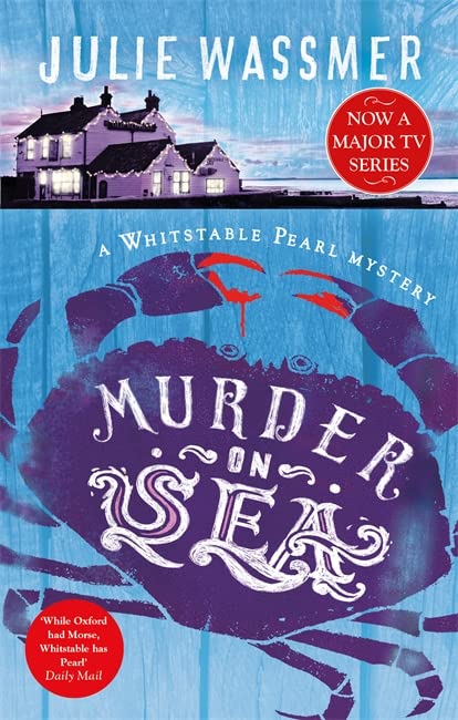 Book cover: “Murder-on-Sea” with a crab illustration and coastal buildings.