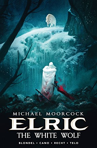 "Book cover featuring a hooded figure and a wolf in a snowy, dark forest."