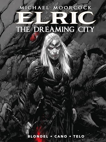 Book cover featuring pale, long-haired Elric before a dark, scaled dragon.