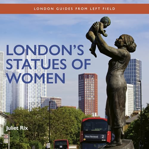 Bronze statue of a woman holding a baby aloft against a London cityscape background.
