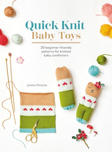 Book cover with knitted baby toys, yarn, and knitting needles.