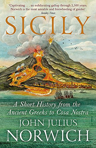Book cover depicting a volcanic eruption over a coastal Sicilian town.