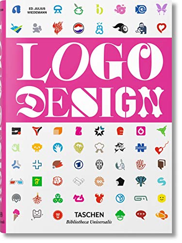 Book cover titled Logo Design with a grid of various colorful icons on white.