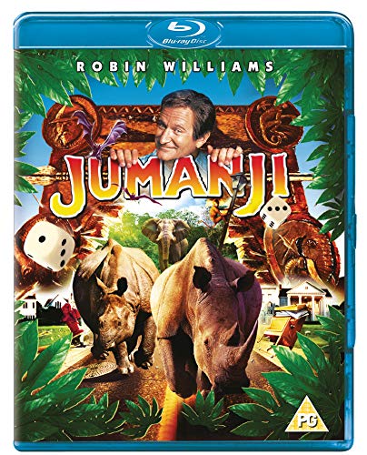 Jumanji Blu-ray cover featuring Robin Williams, jungle scenes, and animals.