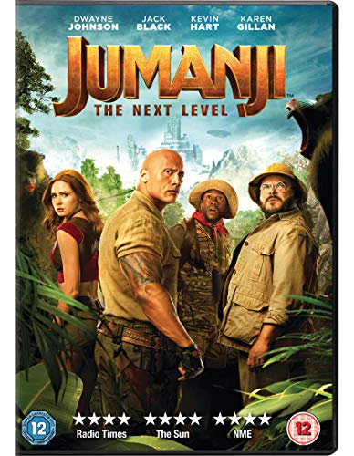 "Jumanji: The Next Level DVD cover featuring four actors in jungle attire."