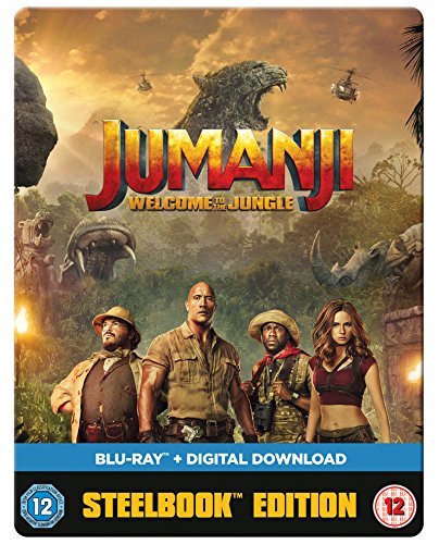 Jumanji: Welcome to the Jungle Blu-ray Steelbook cover featuring the four main movie characters.