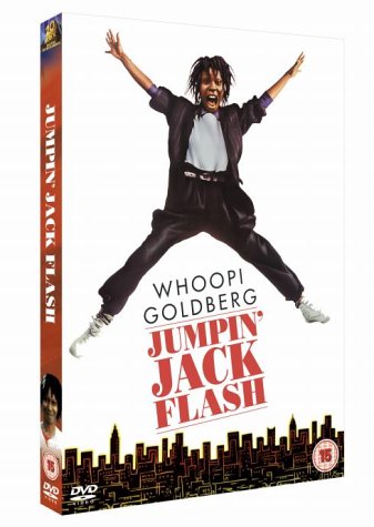 Whoopi Goldberg jumping in the air on the Jumpin' Jack Flash DVD cover.