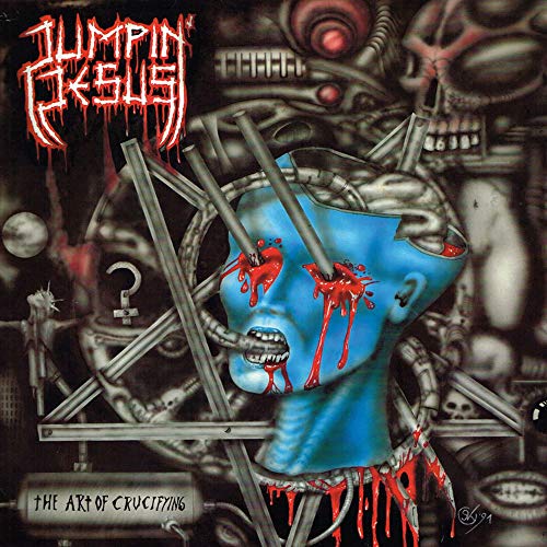 CD cover: blue head pierced with metal rods, dark, mechanical imagery.