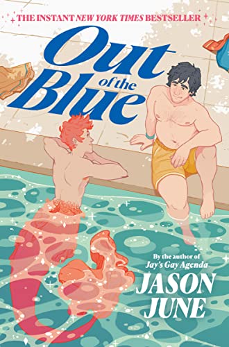 A merman with red hair and tail talks to a man sitting by a pool.