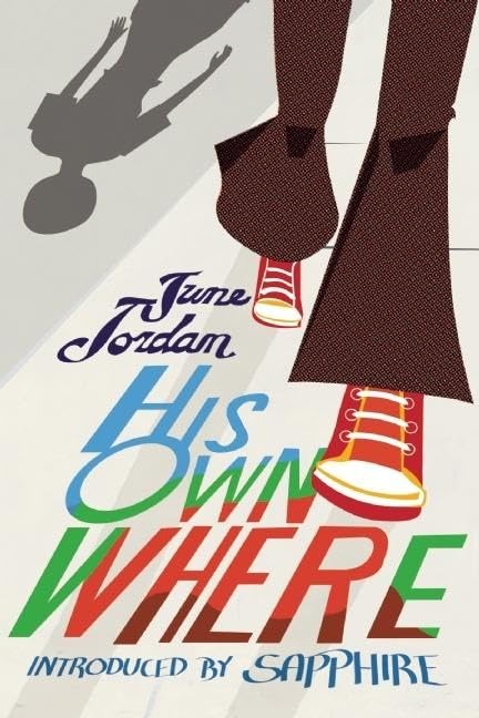 Book cover: "His Own Where" by June Jordan, featuring legs and shadow.