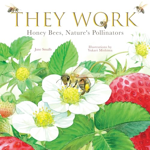 Book cover depicting honey bees pollinating white strawberry flowers.