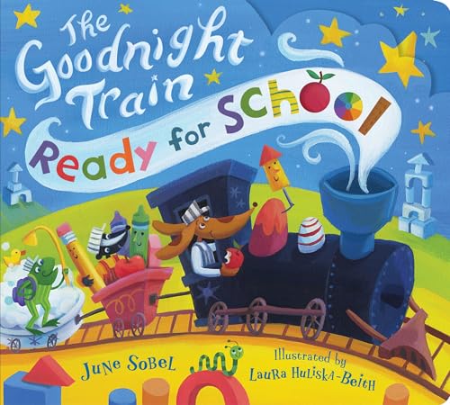 Book cover: colorful train with animal conductor and school supplies.