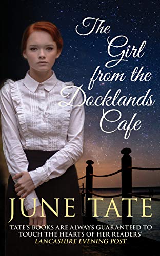 Book cover: young woman in vintage clothing, docklands background.