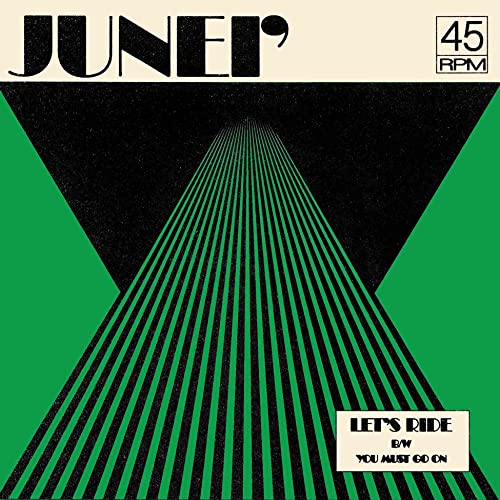 Record label with green and black geometric design, text “Junei’”, “45 RPM”.