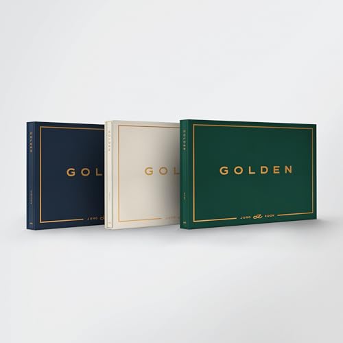 Three "Golden" Jung Kook CDs in navy, cream, and dark green covers.