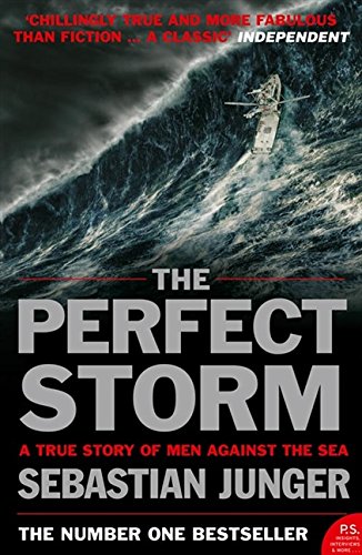 Book cover: a large wave engulfs a small fishing boat in a storm.