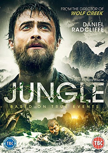 DVD cover for "Jungle" featuring Daniel Radcliffe in a jungle scene with a man in water.