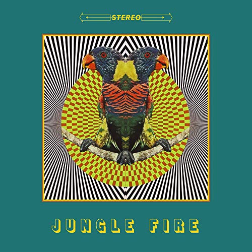 "Album cover with a parrot on a patterned background, titled 'Jungle Fire'."