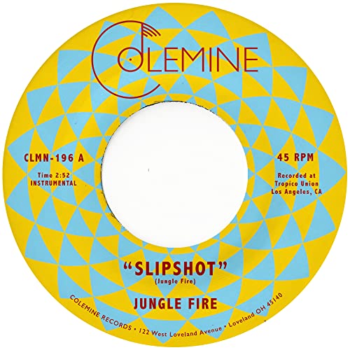 Vinyl record label for Jungle Fire's Slipshot with yellow and blue geometric pattern.