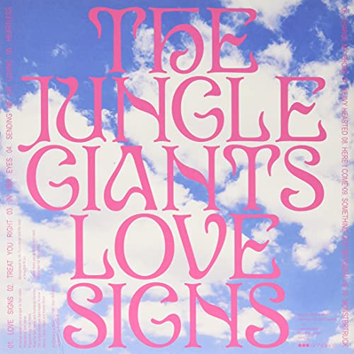 Album cover for "Love Signs" by Jungle Giants, pink text on blue sky.