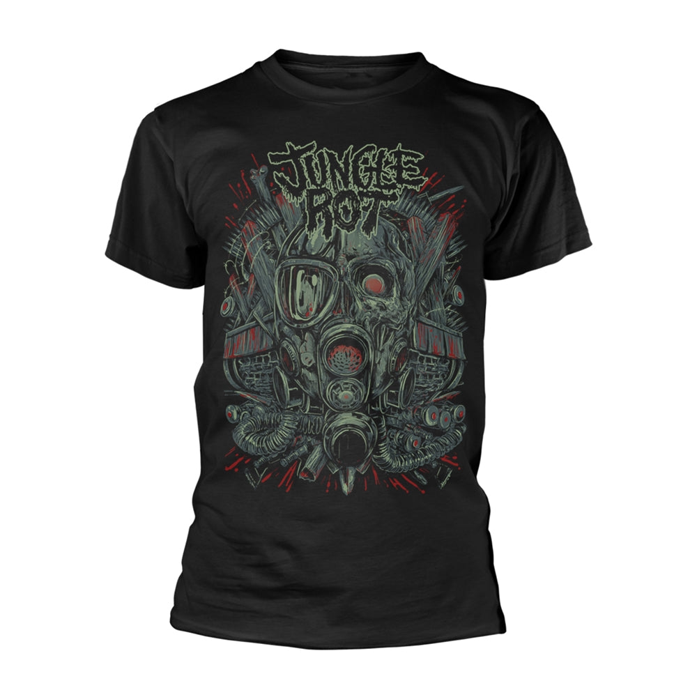 Black t-shirt with a detailed illustration of a gas mask and lettering.